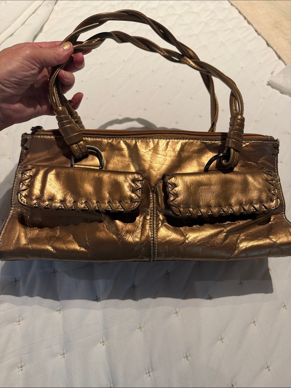 Metallic Bronze Shoulder Bag with Braided Handles